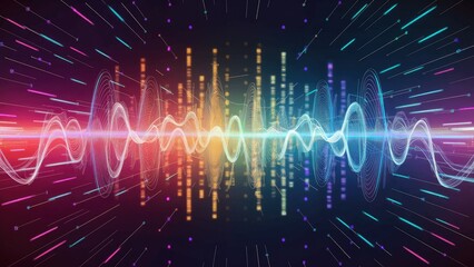 Poster - Vibrant Abstract Sound Wave Visualization TechnologyThemed Background with Colorful Dots Sound Equalizer and Financial Trend Representation 3D Rendering