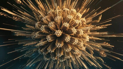 Poster - Futuristic Gold Fractal Burst with Energetic Glittering Particles  Abstract Background