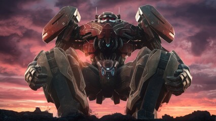 Poster - imposing mech enforcer in upright position striking bottom closeup perspective 3d illustration