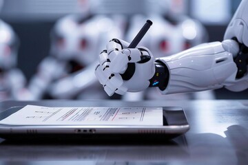 Fototapete - Close-up Of A Humanoid Robot's Hand Filling Checklist Form On Digital Tablet