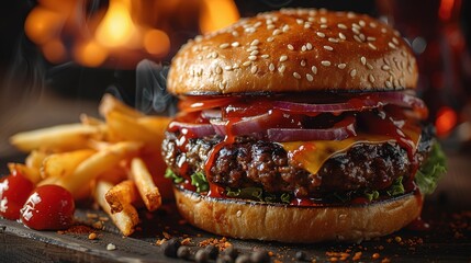 Wall Mural - Close-up of home made tasty burger with french fries and fire flames.