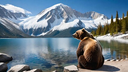 Sticker - Brown bear sitting by the lake