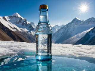 Bottle with clean transparent water on a background of snow-capped mountains, ice, sun and blue sky
