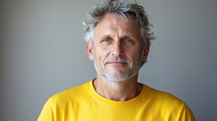 Wall Mural - Close up of mature man with white skin, grey short hair, wavy hair and a clear yellow t shirt, isolated in a light grey studio. Portrait person