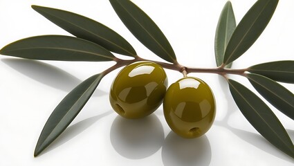 closeup photograph of two green olives attached on a white background.