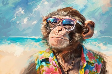 Wall Mural - A playful illustration of a monkey enjoying a beach day in Hawaii with a tiny Hawaiian shirt and sunglasses.