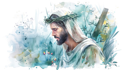 Jesus Christ portrait crown thorns christian faith God religious watercolor painting art