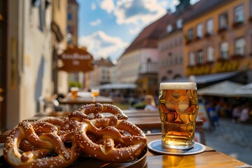 Wall Mural - Beer and salted pretzels on wooden background