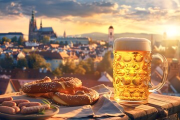 Beer and salted pretzels on wooden background