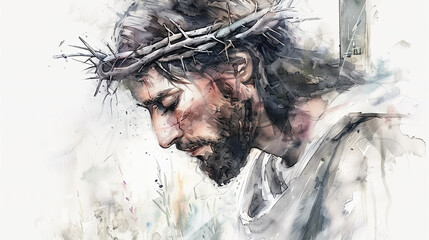 Watercolor painting Jesus Christ crown thorns faith christianity religion spiritual portrait god religious