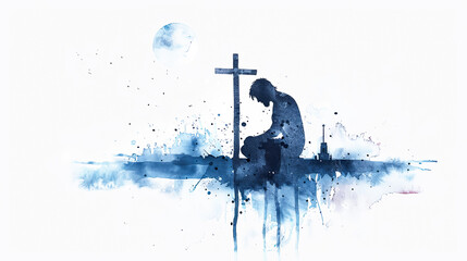 Watercolor painting silhouette man praying under cross faith religion hope belief spirituality christianity christian god jesus christ grave death loss grief sorrow sadness solitude moonlight blue