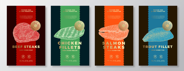 Wall Mural - Beef and Salmon Steak, Chicken Fillets Vector Packaging Label Design Templates Set. Product Banner, Hand Drawn Meat, Fish and Poultry Sketches. Food Background Layout with Gold Foil Isolated