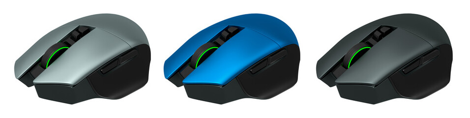 Fototapete - Set of wireless gaming computer mouse isolated on white background with clipping path. 3d render of live streaming gear for cloud gaming and gamer workspace concept
