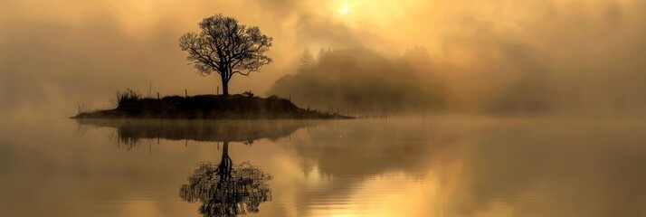 Canvas Print - Silhouette of island and tree reflecting in a small loch amidst early morning mist and fog