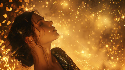 Wall Mural - A woman is standing in a room with a lot of sparkles and lights