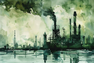 Wall Mural - A painting of a city with a large industrial area and a lot of smoke