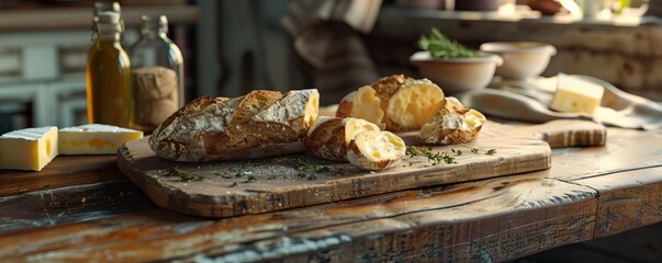 Wall Mural - Wooden cutting board with bread and cheese, 4K hyperrealistic photo