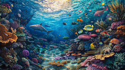 A painting of a coral reef with a shark swimming through it