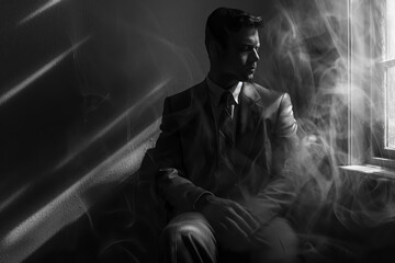 a man in a suit sits in front of a window with smoke coming out of it