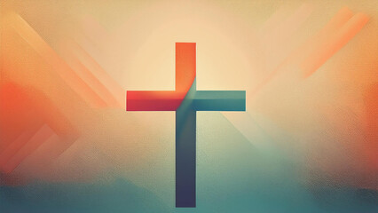 A simple geometric gradient colorful Christian cross on a background with a symmetrical minimalist texture resembling paper or painting. 4k illustration