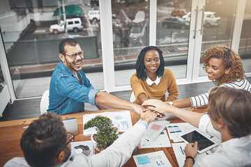 Wall Mural - Business people, hands and stack in office for cooperation, planning and research with documents. Finance team, diversity and commitment together with collaboration or agreement for financial goals