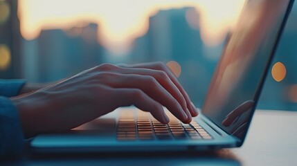 Wall Mural - Closeup of Hands Typing on Laptop Keyboard with City Skyline Background at Sunset