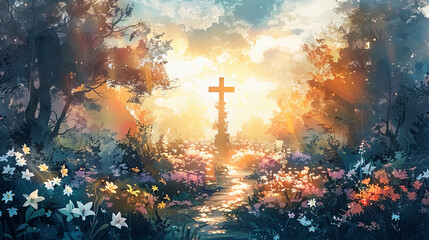 Christian cross in a magical forest landscape with flowers faith hope heaven god jesus christ religion belief