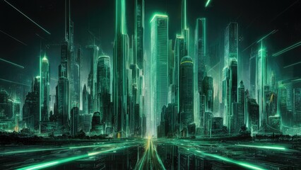 Poster - Futuristic skyline illuminated with vibrant neon green light exuding energy and dynamism