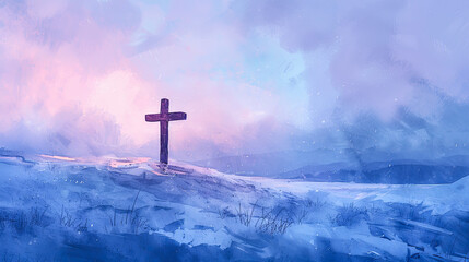 Wooden cross on snowy hilltop religion faith hope Christianity Jesus Christ God savior belief spiritual