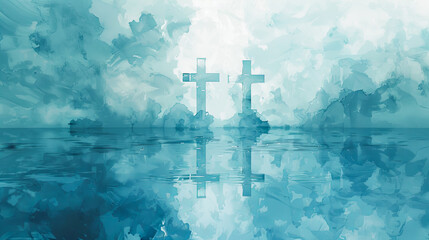 Two crosses on calm water with reflection faith religion hope peace christianity jesus christ heaven spiritual abstract background digital art painting illustration