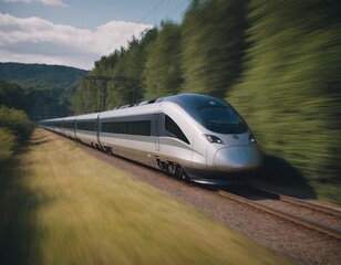 Poster - Modern high-speed train approaches to the station at spring morning time.