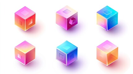 Poster - 3D geometric cubes with various gradient hologram color shades, isolated on a white background for a realistic and contemporary vector look.