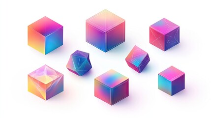 Poster - 3D geometric cubes with various gradient hologram color shades, isolated on a white background for a realistic and contemporary vector look.