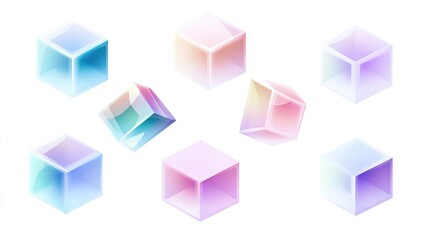 Poster - 3D geometric cubes with various gradient hologram color shades, isolated on a white background for a realistic and contemporary vector look.