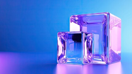 Poster - 3D holographic cube with crystal blocks in purple color, set against a blue background for a contemporary and striking vector design.