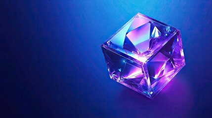Poster - 3D holographic cube with crystal blocks in purple color, set against a blue background for a contemporary and striking vector design.