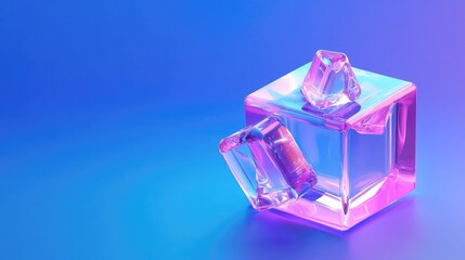 Poster - 3D holographic cube with crystal blocks in purple color, set against a blue background for a contemporary and striking vector design.
