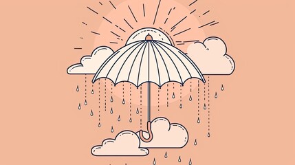 Canvas Print - A simple line drawing of the sun, clouds and an umbrella 