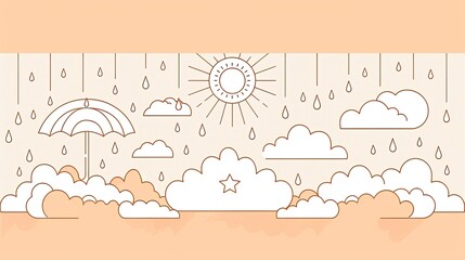 Wall Mural - A simple line drawing of the sun, clouds and an umbrella 