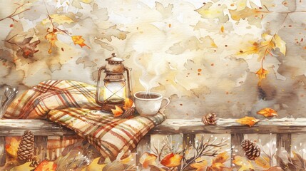 Sticker - watercolor beautiful plaid blanket, cozy lantern and mug of coffee