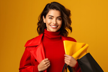 Poster - woman wearing red sweater holding shopping bags over yellow background