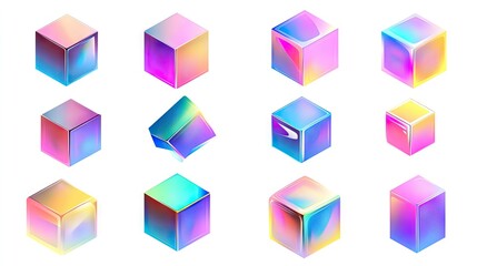 Poster - Abstract collection of geometric 3D cubes with holographic gradient colors, isolated on white, for realistic and visually striking vector designs.