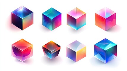 Poster - Abstract collection of geometric 3D cubes with holographic gradient colors, isolated on white, for realistic and visually striking vector designs.