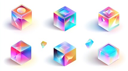 Poster - Abstract collection of geometric 3D cubes with holographic gradient colors, isolated on white, for realistic and visually striking vector designs.