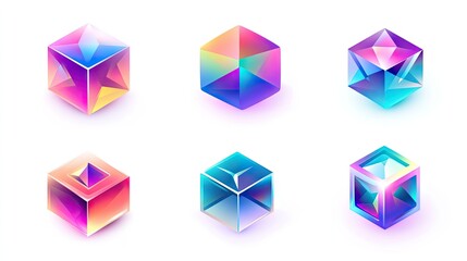 Poster - Abstract collection of geometric 3D cubes with holographic gradient colors, isolated on white, for realistic and visually striking vector designs.