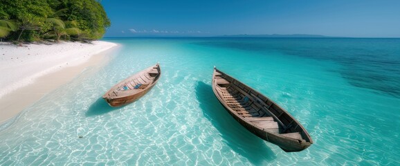 Wall Mural - Calm beach with crystal clear water and traditional boats