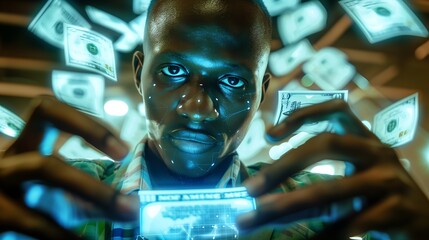 Poster - Man with floating dollar bills and holograms