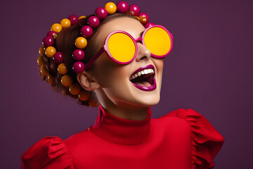 Poster - portrait of a woman with makeup and hairstyle funny face over purple background