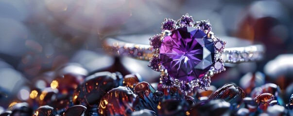 Wall Mural - Colorful gemstone ring with a vibrant amethyst as the centerpiece, 4K hyperrealistic photo