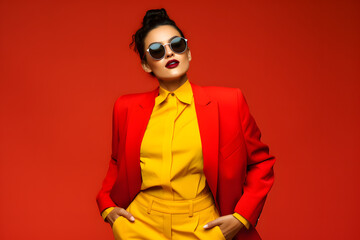 Poster - woman wearing glasses and red dress over red background